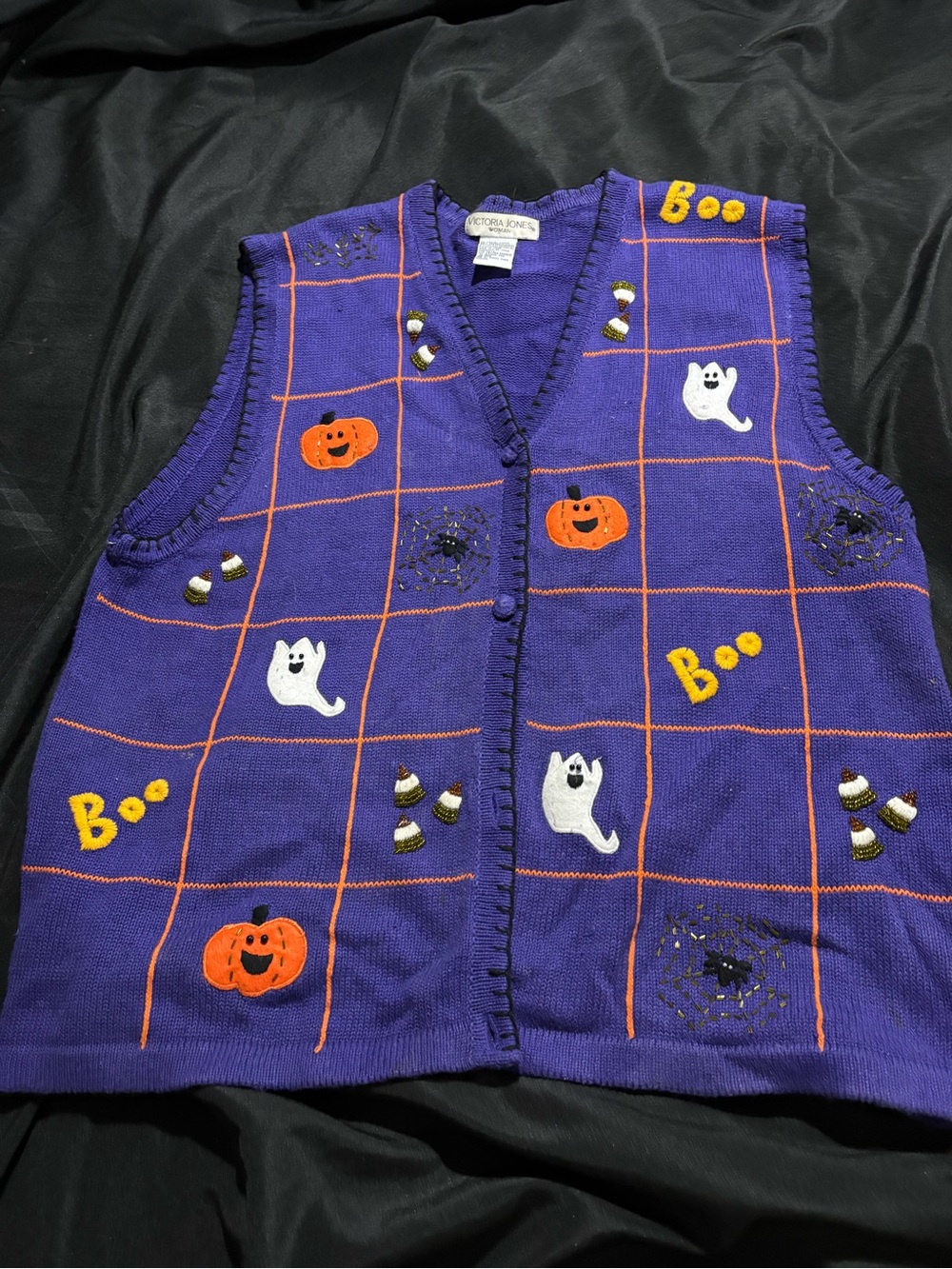 Vintage Victoria Jones Woman Purple Halloween Sweater Vest Pumpkins & Ghosts